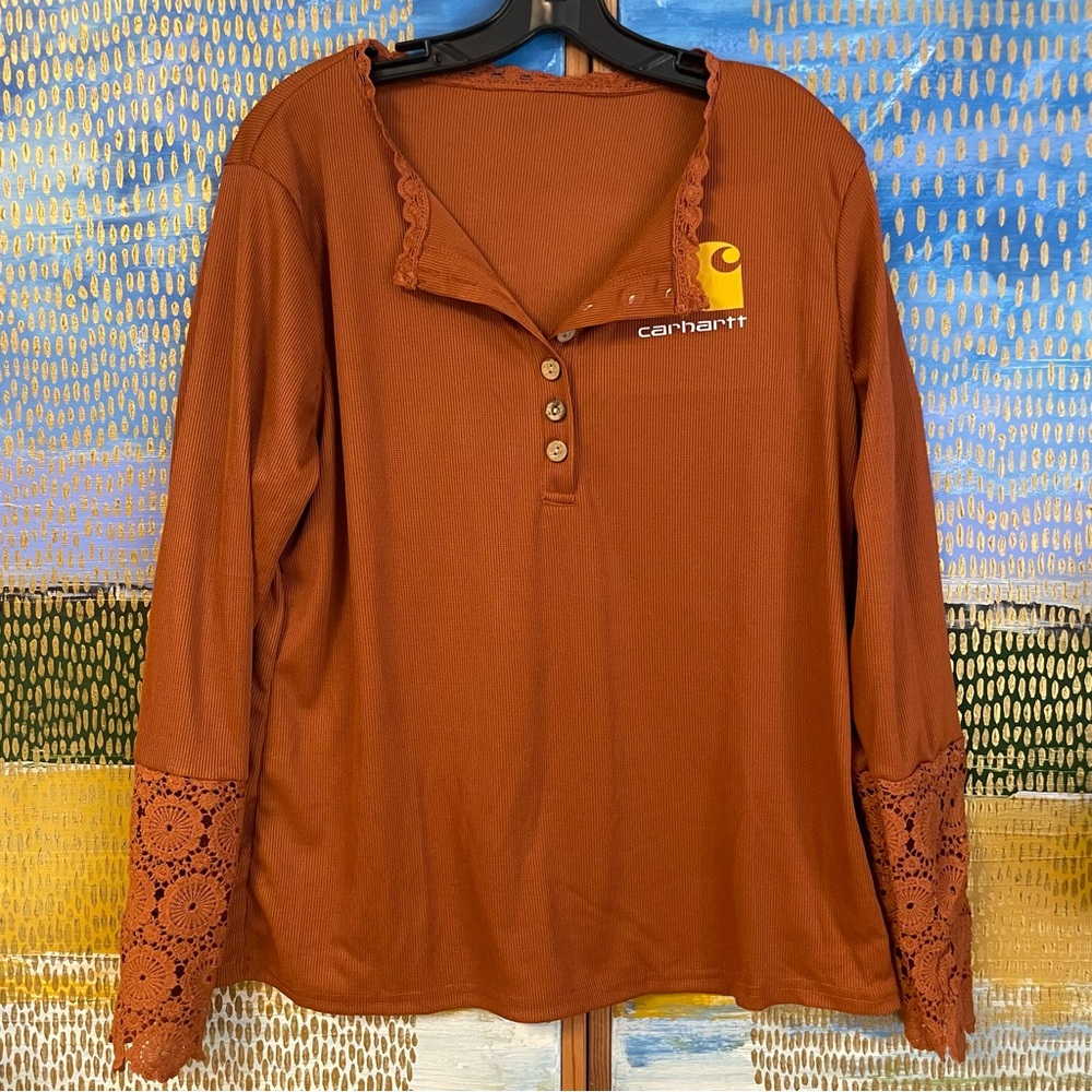 Carhartt Womens Rust Orange Henley Long Sleeve Top Large Lace Sleeves